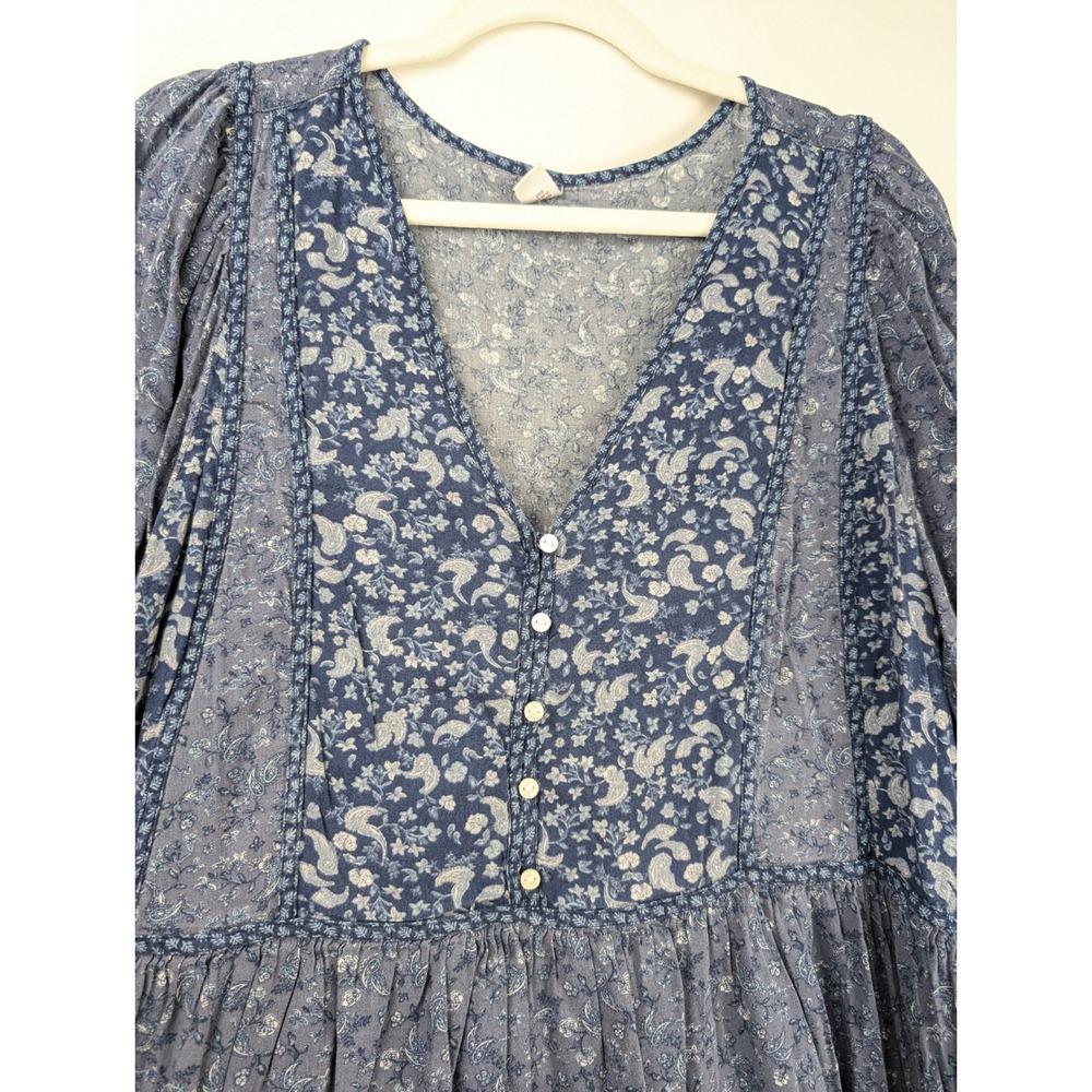 Ditsy Floral Ruffle Peasant Dress Size XL Blue Tiered Boho Prairie Cottagecore - Picture 5 of 9